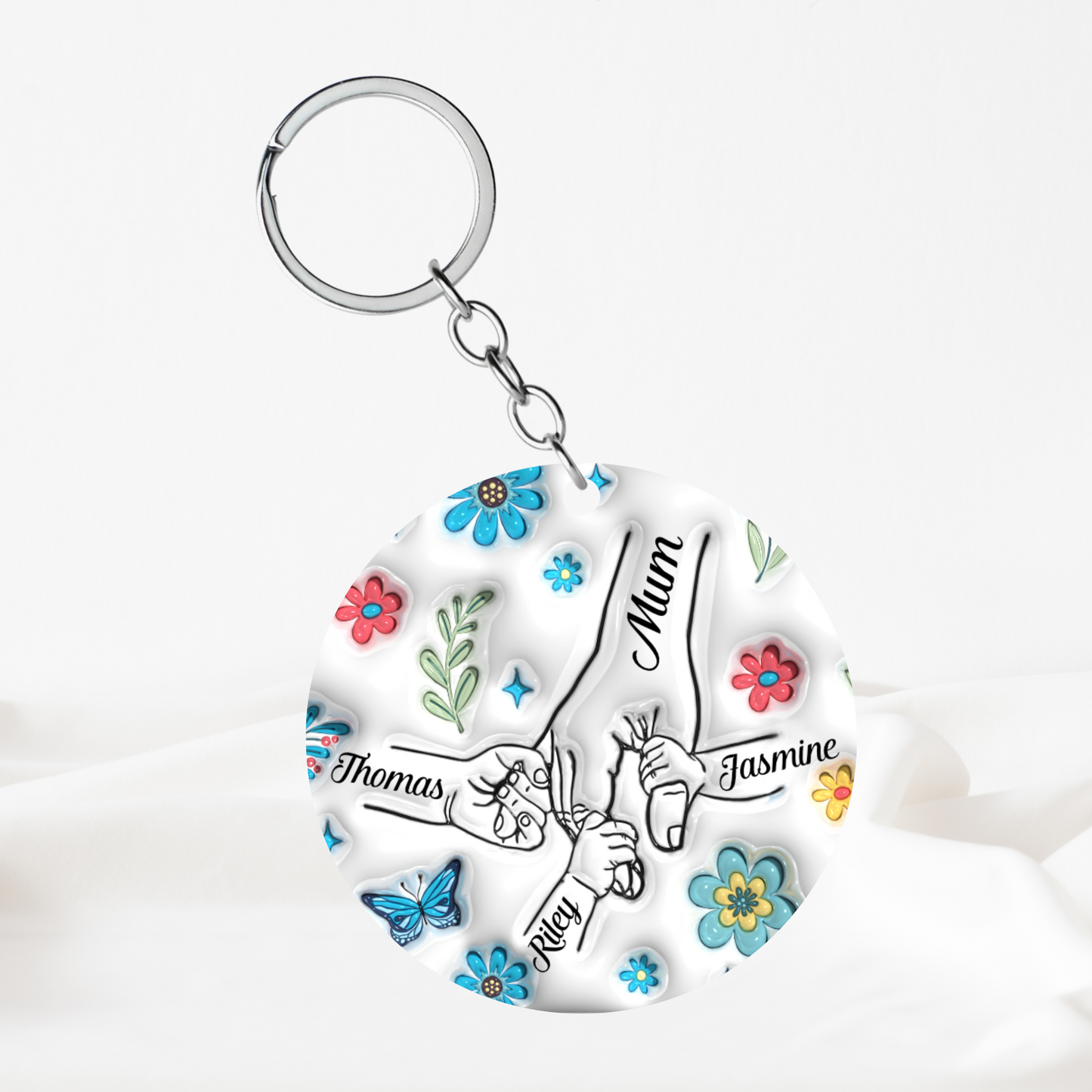 Personalised Hand Holding Keyring - Blue Flowers