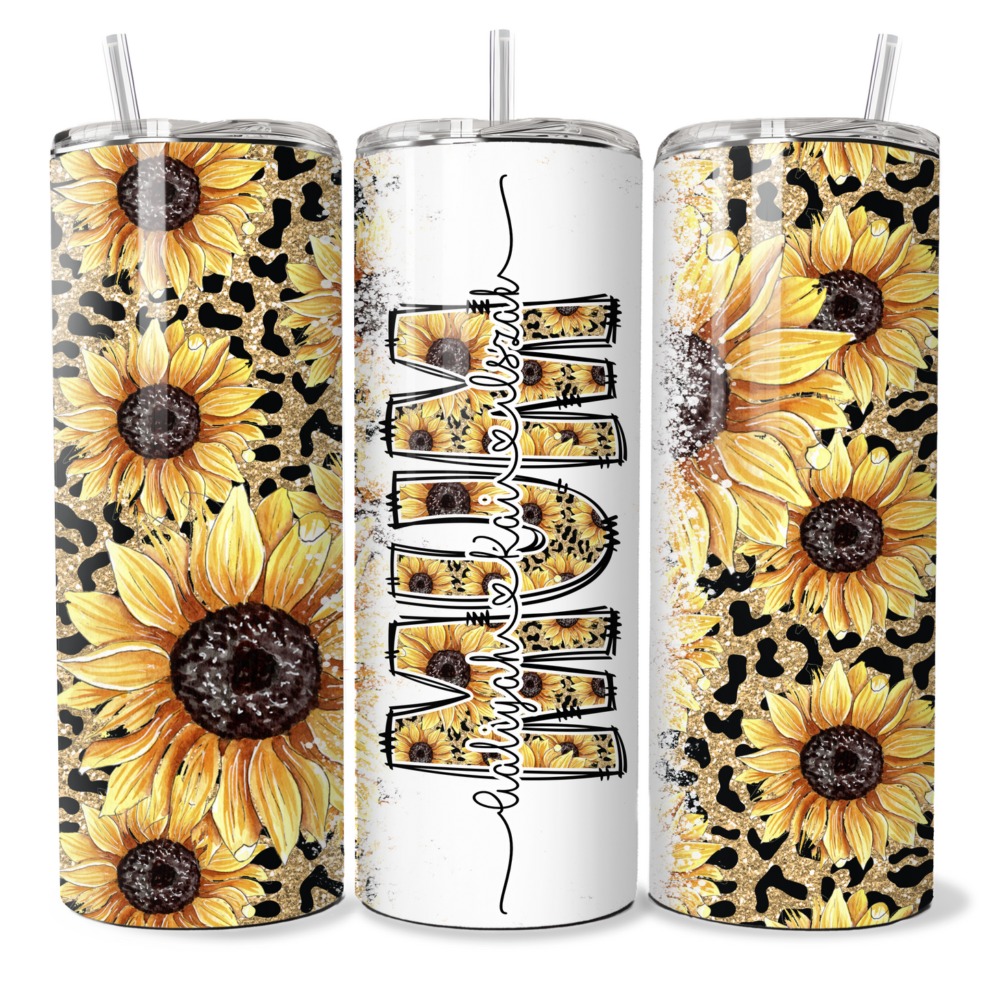 Mum. Nanny, Sunflower Cheetah Alphabet Personalised Tumbler