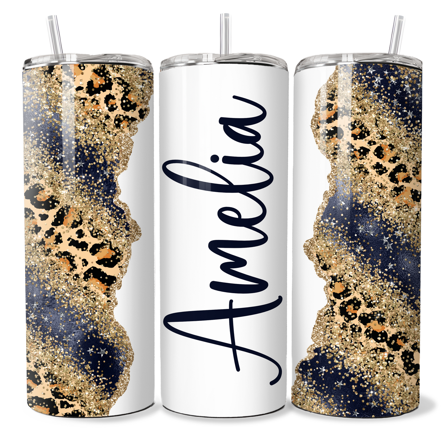 Personalised Dark Blue Gold Glitter Leopard Print
