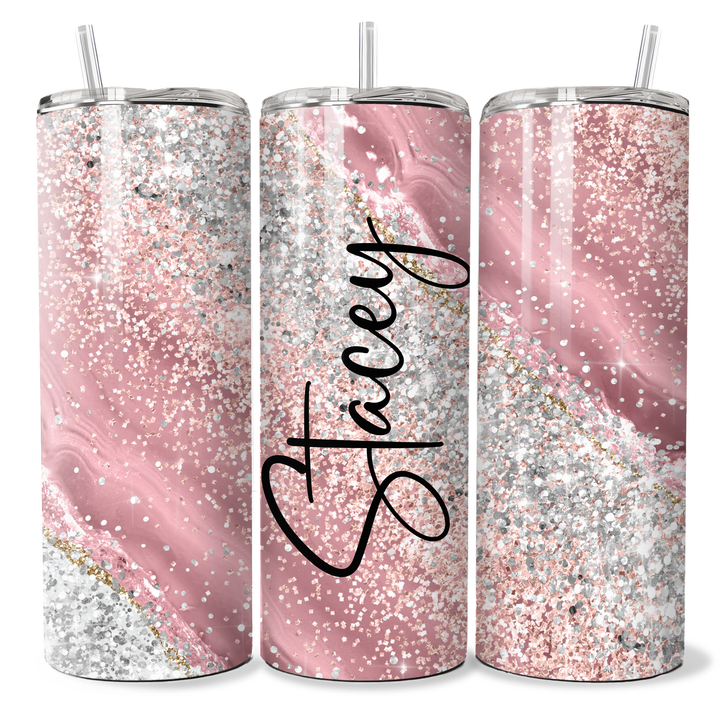 Pink Glitter Agate Personalised Tumbler