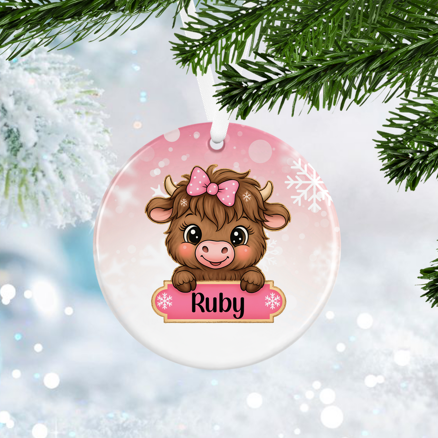 Personalised Pink Highland Cow Ornament