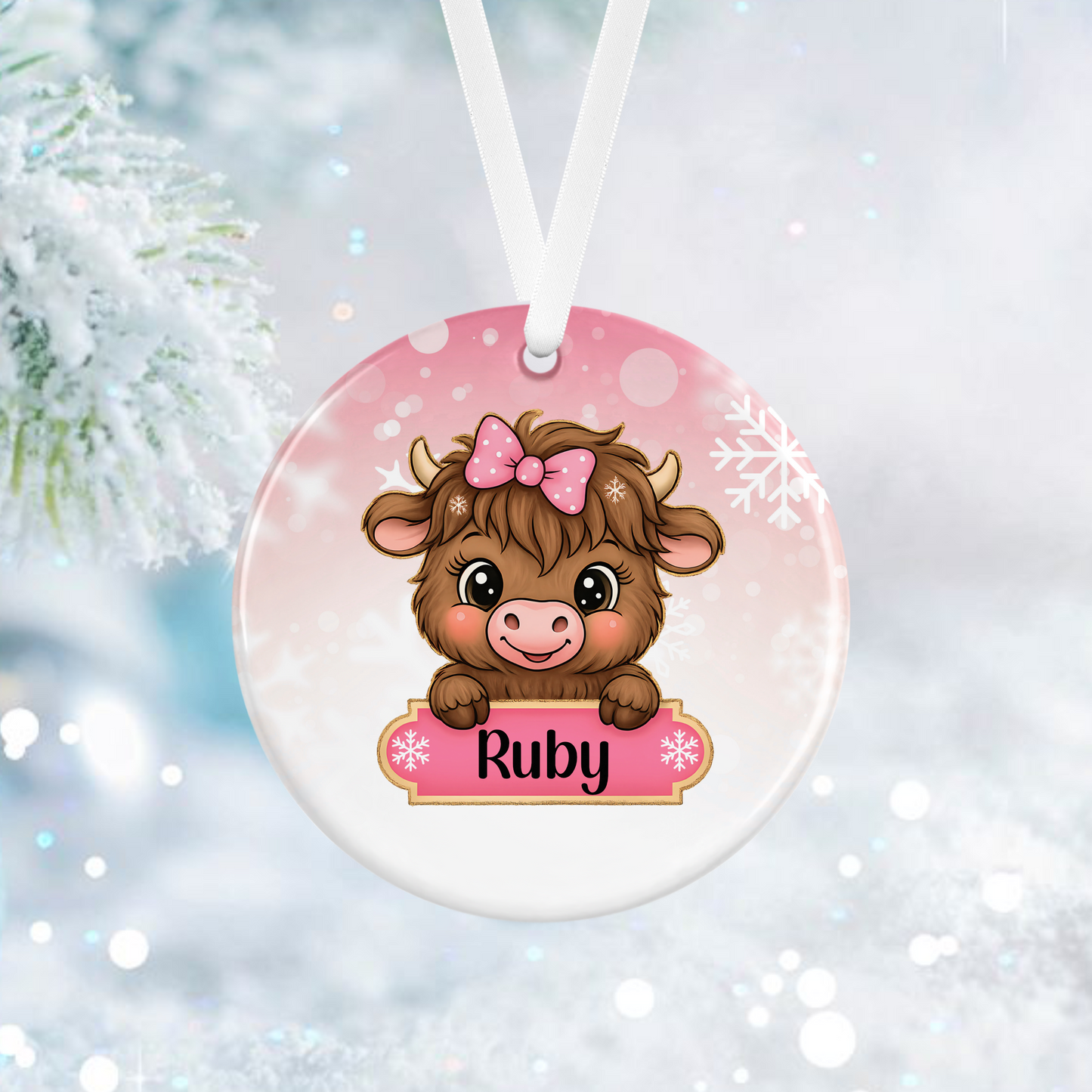 Personalised Pink Highland Cow Ornament