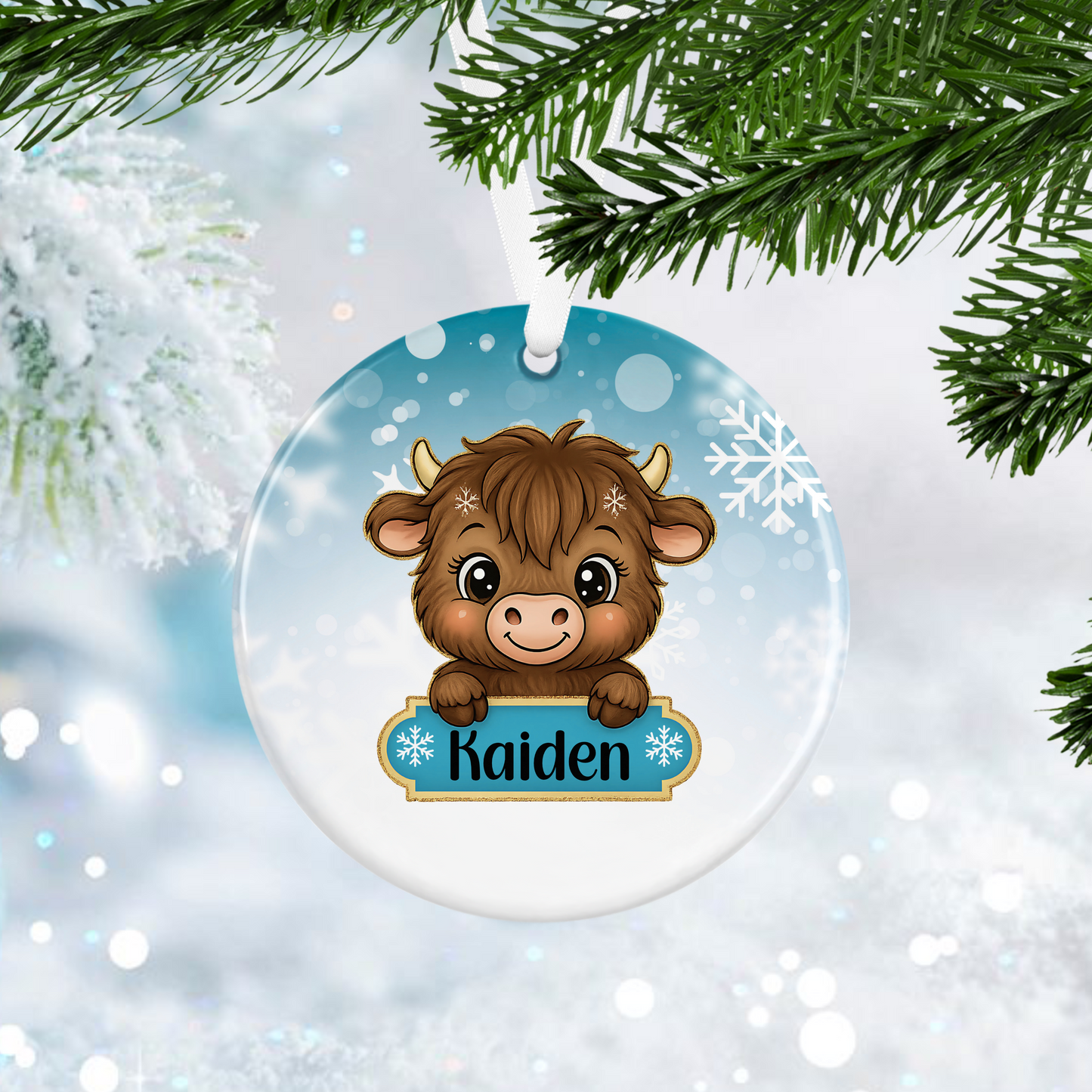 Personalised Blue Highland Cow Ornament