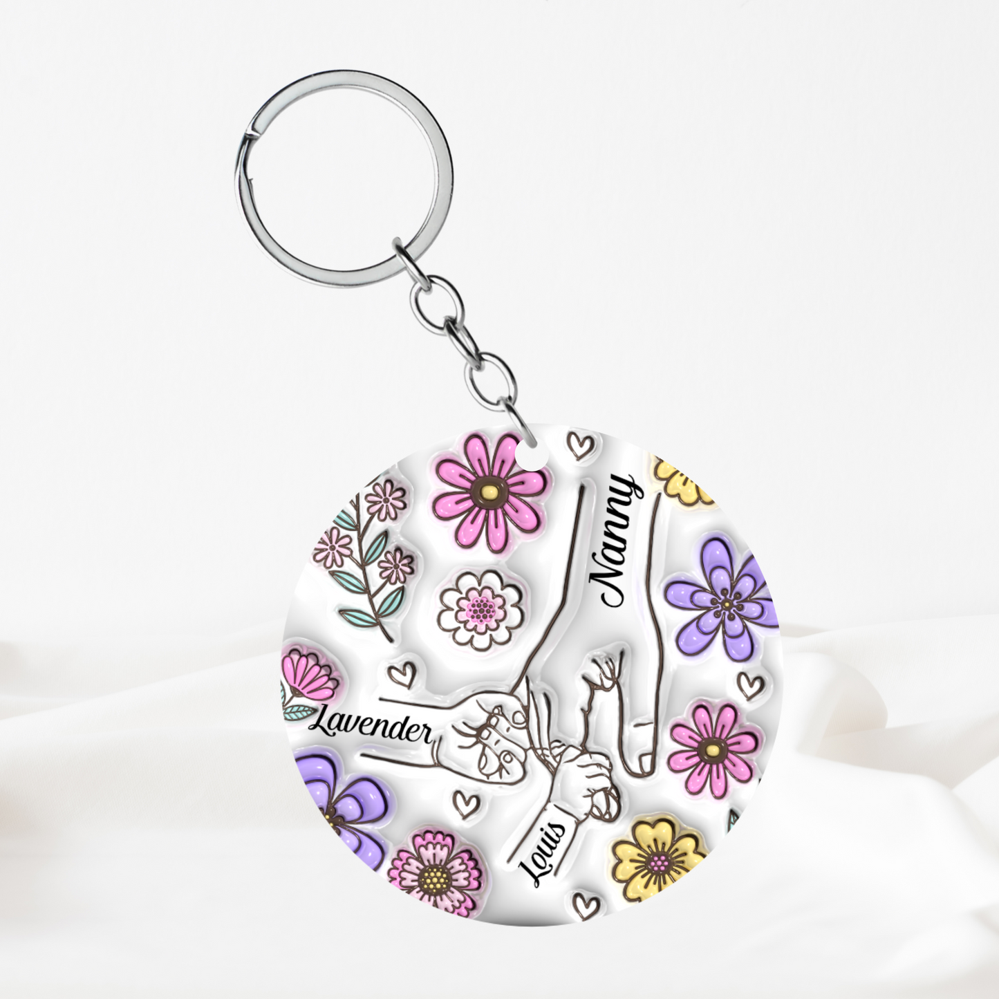 Personalised Hand Holding Keyring - Pink and Purple Flowers