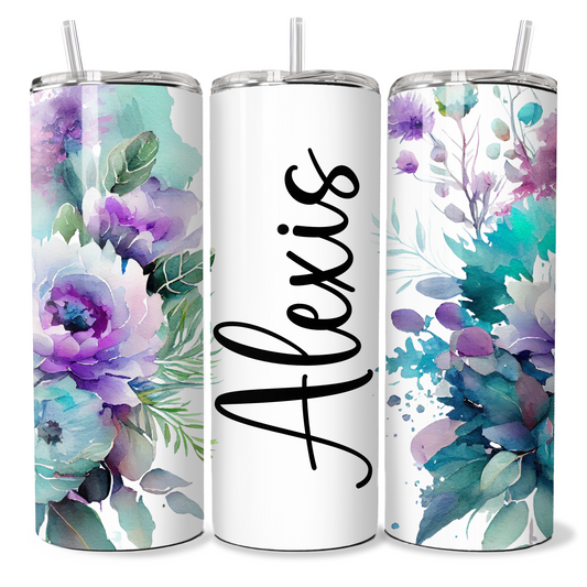 Purple Aqua Floral Personalised Tumbler