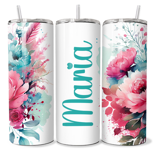 Hot Pink, Aqua Floral Personalised Tumbler