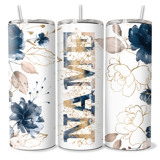 Navy Blue, Gold Floral Alphabet Personalised Tumbler