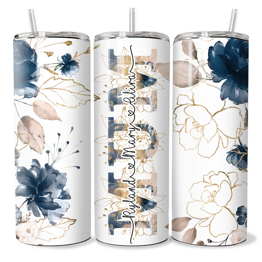 Mum, Nanny Navy Blue, Gold Floral Alphabet Personalised Tumbler