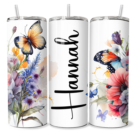 Orange Butterfly Floral Personalised Tumbler