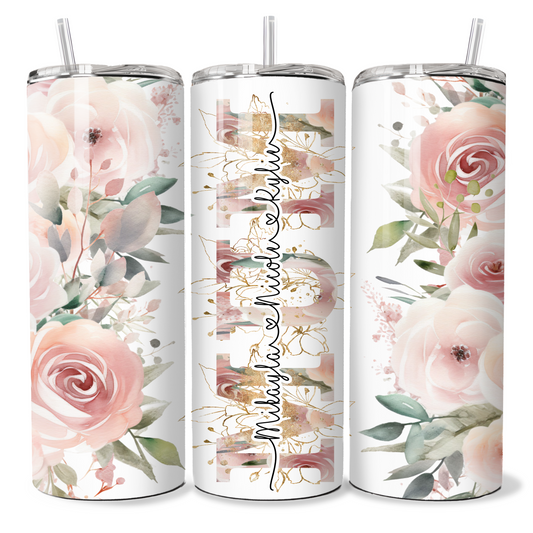 Mum, Nanny Pink Floral Alphabet Personalised Tumbler