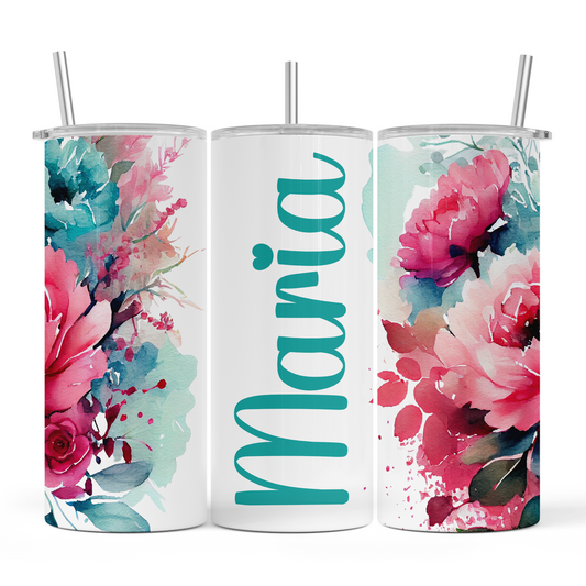 Hot Pink, Aqua Floral Personalised - 15oz