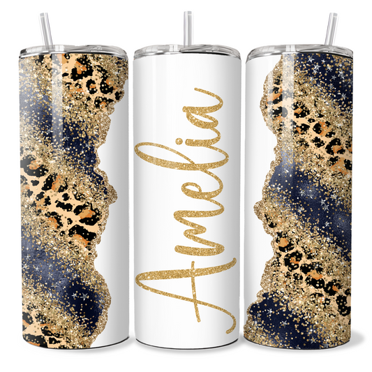 Personalised Dark Blue Gold Glitter Leopard Print