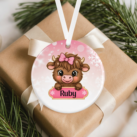 Personalised Pink Highland Cow Ornament