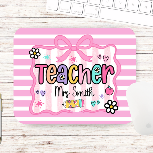 Pink Bow Teacher Mouse Pad - Personalised