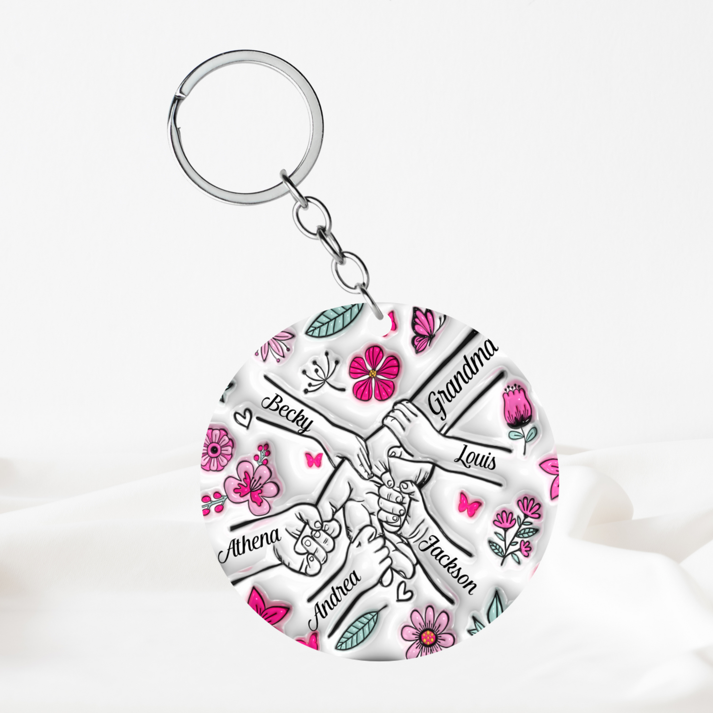 Personalised Hand Holding Keyring - Pink Flowers
