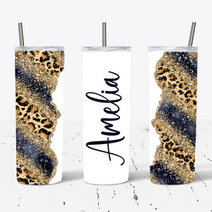 Personalised Dark Blue Gold Glitter Leopard Print