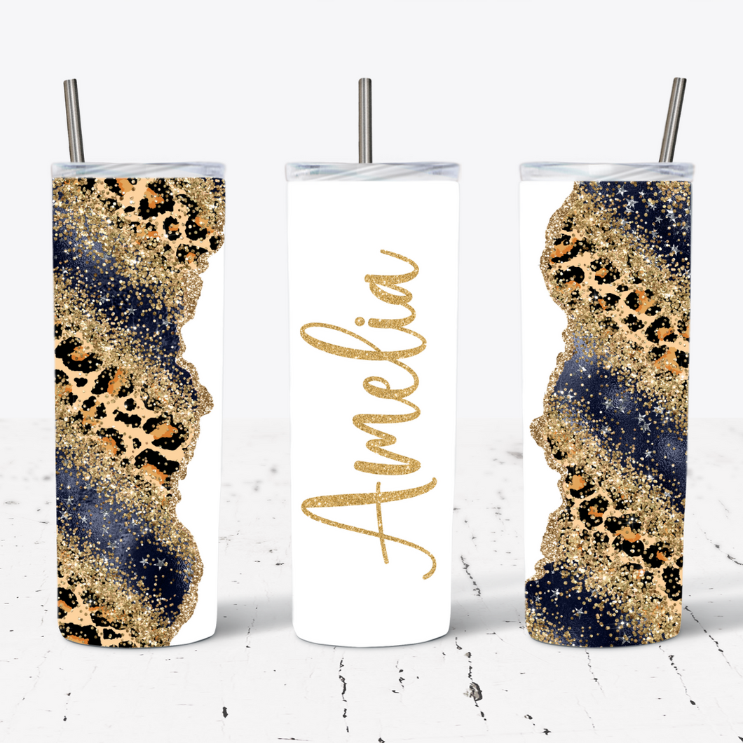 Personalised Dark Blue Gold Glitter Leopard Print
