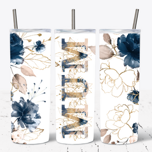 Navy Blue, Gold Floral Alphabet Personalised Tumbler
