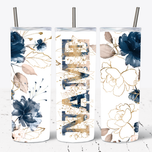 Navy Blue, Gold Floral Alphabet Personalised Tumbler