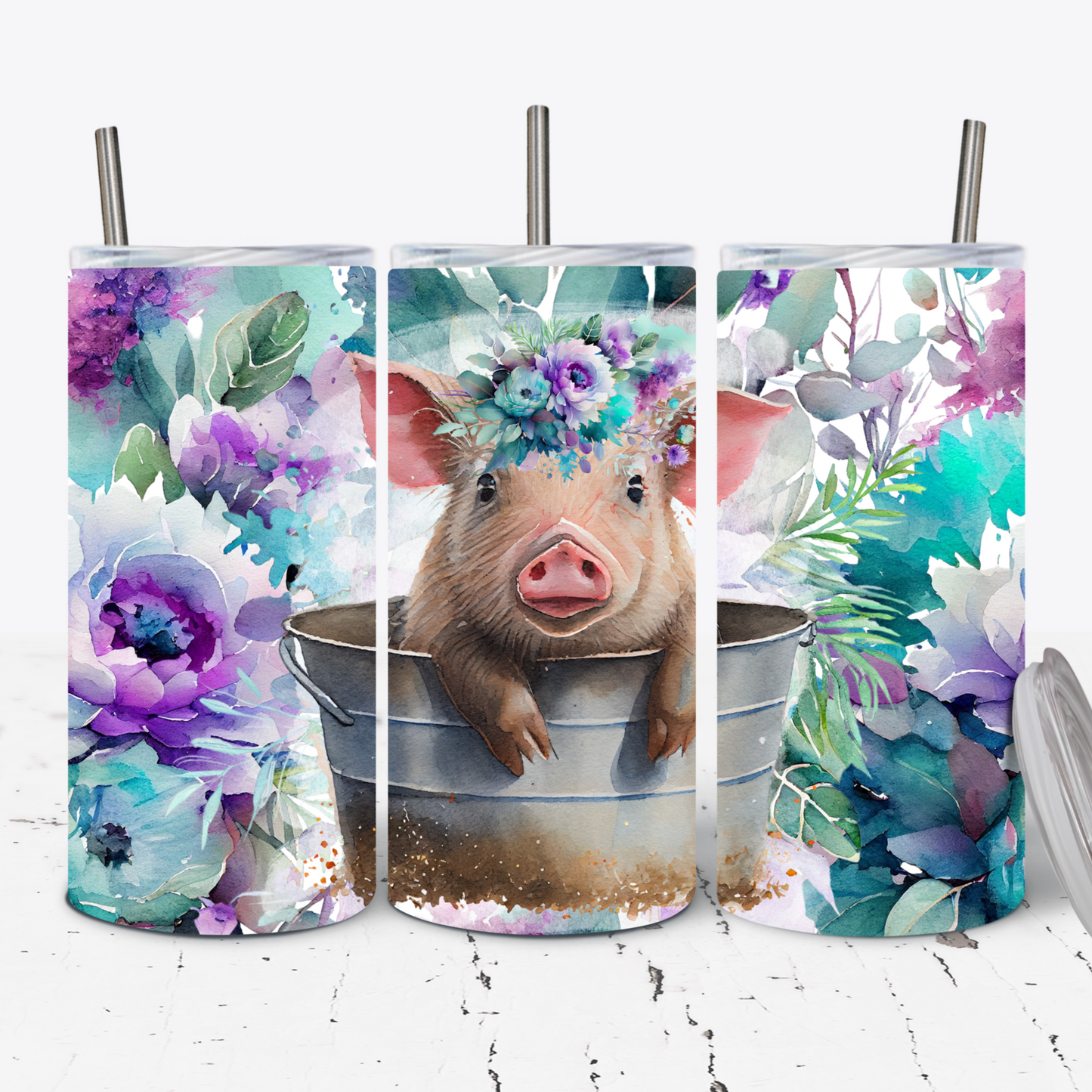 Pig - Purple, Aqua Floral 15oz