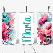 Load image into Gallery viewer, Hot Pink, Aqua Floral Personalised 15oz Tumbler