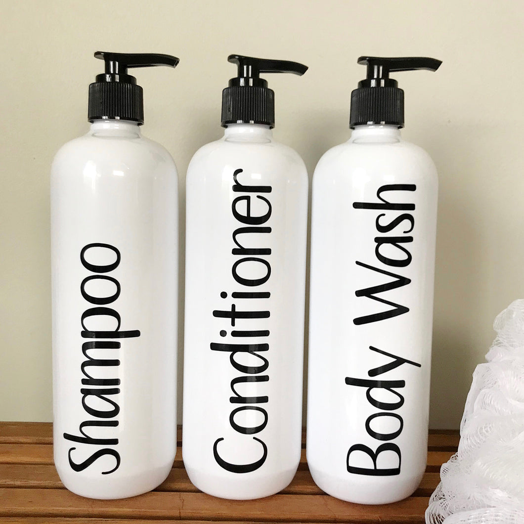 White & Black Bathroom Bottle Set - 500ml Shampoo, Conditioner & Body Wash