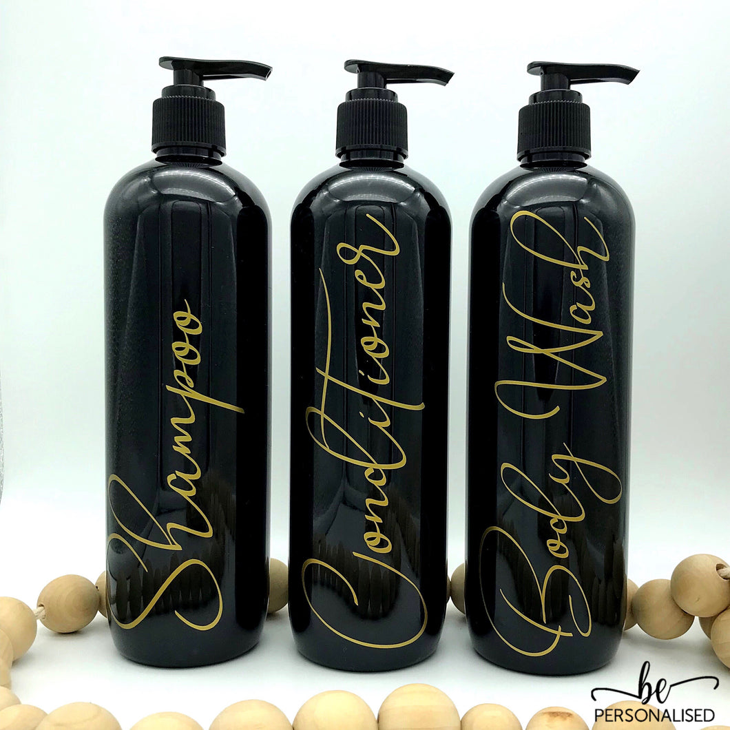 Black Bathroom Bottle Set - 500ml Shampoo, Conditioner & Body Wash