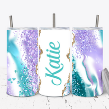 Load image into Gallery viewer, Purple Aqua Glitter Personalised 15oz Tumbler