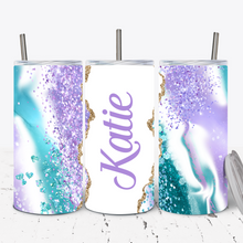 Load image into Gallery viewer, Purple Aqua Glitter Personalised 15oz Tumbler